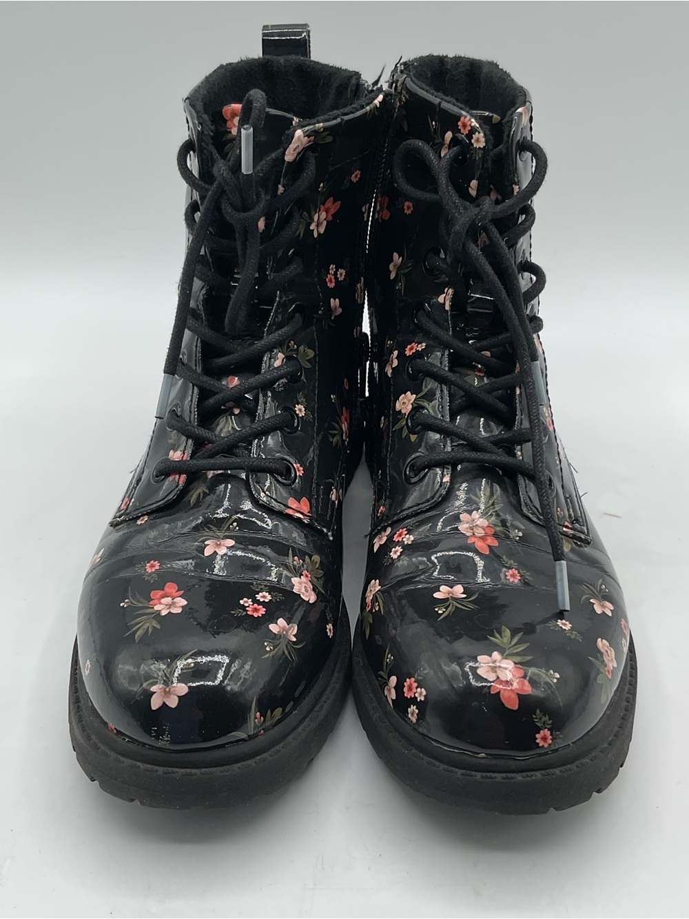 H&M Floral Patent Combat Boots Size 4 Black Lace Up Side Zip